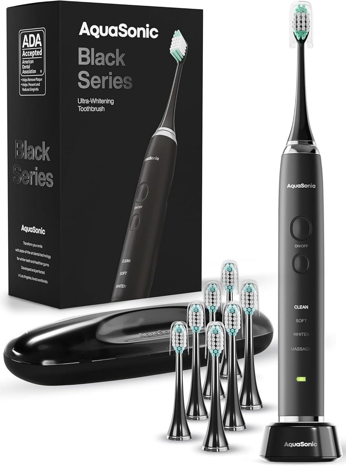 Aquasonic Black Series Ultra Whitening Toothbrush – ADA Accepted Electric Toothbrush- 8 Brush Heads & Travel Case – 40,000 VPM Electric Motor & Wireless Charging - 4 Modes w Smart Timer