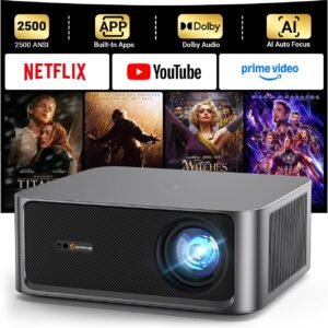 HAPPRUN 2500 ANSI Lumens Outdoor Projector with Built-in Streaming Apps, 4K Decoding Resolution, Dolby Audio, WiFi 6 and Bluetooth 5.2 for Indoor and Outdoor Home Theater
