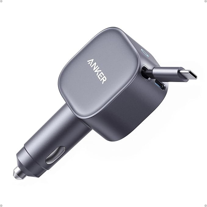 Anker Retractable USB-C Car Charger, 75W Max Fast Charging with Built-in Retractable Cable Car Adapter, Car Accessories for iPhone 17/16 Series, Galaxy S25/S24, MacBookPro/Air, iPad, and More