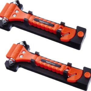 Amazon Basics Emergency Escape Tool, Window Breaker and Seatbelt Cutter, Car Safety Hammer with Protective Bracket, Bright Orange, 2 Pack, SW-835