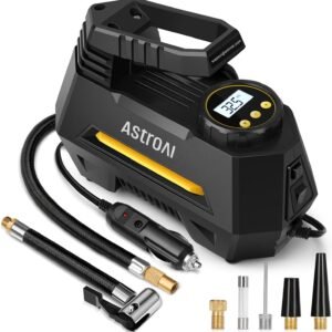 AstroAI Tire Inflator Portable Air Compressor Air Pump for Car Tires-Car Accessories, 9.8Ft Cord-12V DC-Powered Auto Pump with Digital Pressure Gauge, Emergency LED Light for Bicycle, Balloons, Yellow
