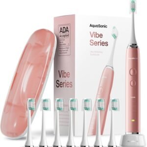 Aquasonic Vibe Series Ultra-Whitening Toothbrush – ADA Accepted Electric Toothbrush - 8 Brush Heads & Travel Case – 40,000 VPM Motor & Wireless Charging - 4 Modes w Smart Timer – Satin Rose Gold