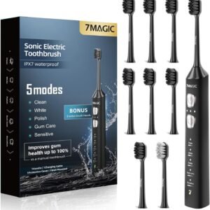 7MAGIC Sonic Electric Toothbrush for Adults and Kids - Up to 180 Days Runtime, 42000 VPM Powered Toothbrush, 5 Modes & 3 Intensities for Sensitive Teeth & Braces, Includes 8 Brush Heads, Black