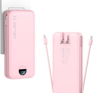 Portable Charger, 20000mAh 22.5W Fast Charging Power Bank with Built-in Cables & Wall Plug, External Battery Pack with LED Display, Travel Essentials Battery Bank for iPhone, iPad, Samsung Fairy Pink