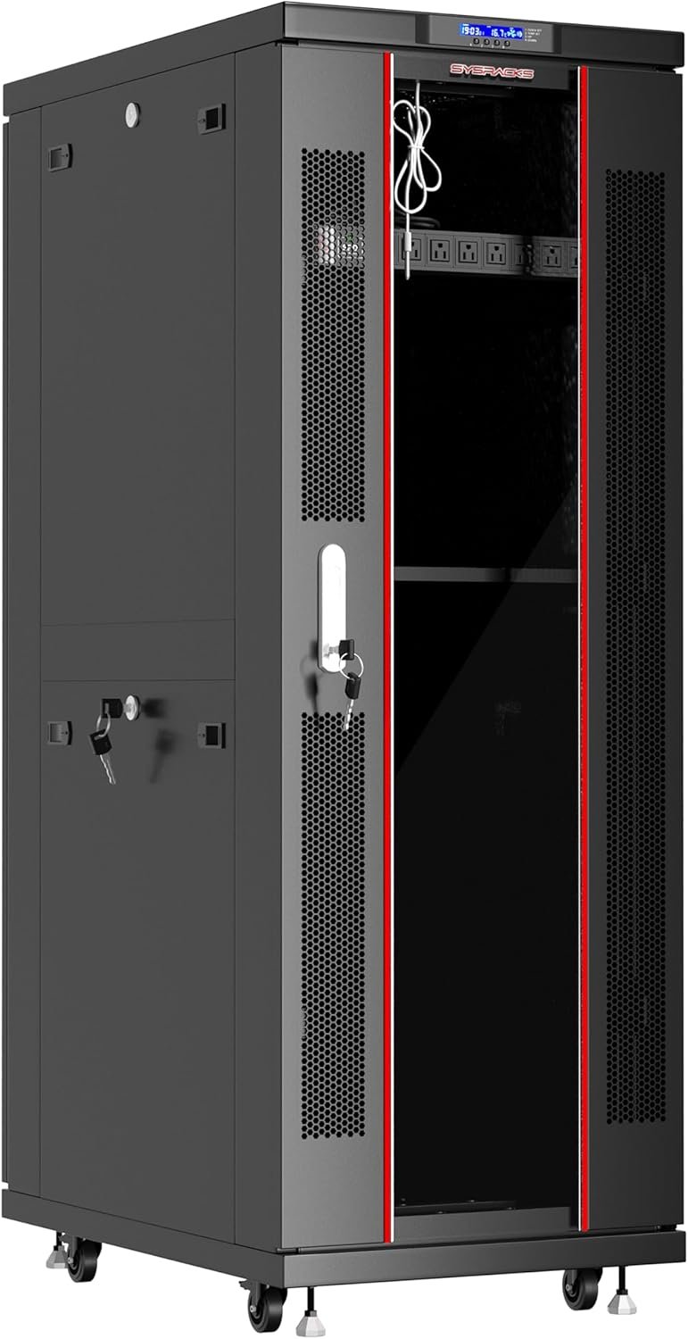 42U Server Rack Cabinet, 39” Deep 19” Network Enclosure on Wheels, Glass Door, Temperature Control System with 4 Fans, 8-Way PDU, Shelf, IT & AV Data Cabinet