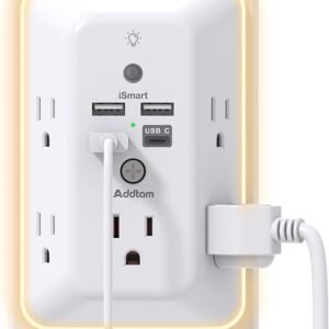 Surge Protector, Outlet Extender with Night Light, Addtam 5-Outlet Splitter and 4 USB Ports(1 USB C), Multi Plug Wall Outlet for Home Office Dorm Room Essentials