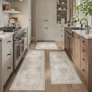 HUGEAR Beige Kitchen Rug Sets 3 Piece 20x32/20x48/20x59 Inch Vintage Oriental Medallion Entryway Washable Kitchen Mats Floor Carpet Non Slip Runner Rugs for Hallway Laundry Sink Bathroom