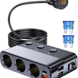 LIHAN 7-1 Cigarette Lighter Splitter,12V/24V Car Charger Adapter with 3 Socket Expander,PD30W Type-C,QC3.0 & Dual USB Ports,Independent Switches,Voltage Display,3.3FT Extension Cord fit Truck RV SUV